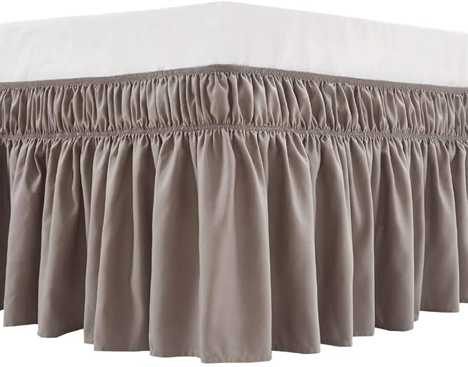 MEILA Wrap Around Bed Skirt Three Fabric Sides Elastic Dust Ruffled 14 Inch Tailored Drop,Easy to Install Fade Resistant-Taupe, Twin/Full