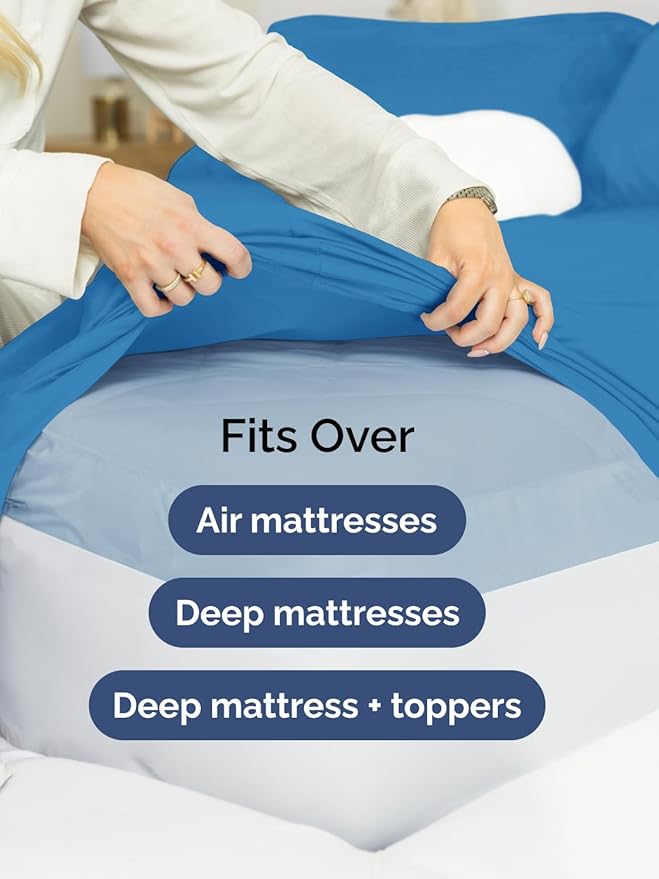 Extra Deep Queen Fitted Sheet - Hotel Luxury Single Fitted Sheet Only - Easily Fits 18 inch to 24 inch Mattress - Ultra Soft, Wrinkle & Fade Free w/Extra Deep Pocket - Breathable & Comfy - Denim Blue