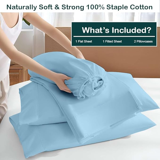 NON Sticky cotton Full Size Sleeper Sofa Sheets, 4 Piece Egyptian Cotton Bed Sheet Set for Sofa Bed, 6" Deep Pocket Fitted Sheet for Pull Out Couch Mattress, 54" x 75", Light Blue Solid