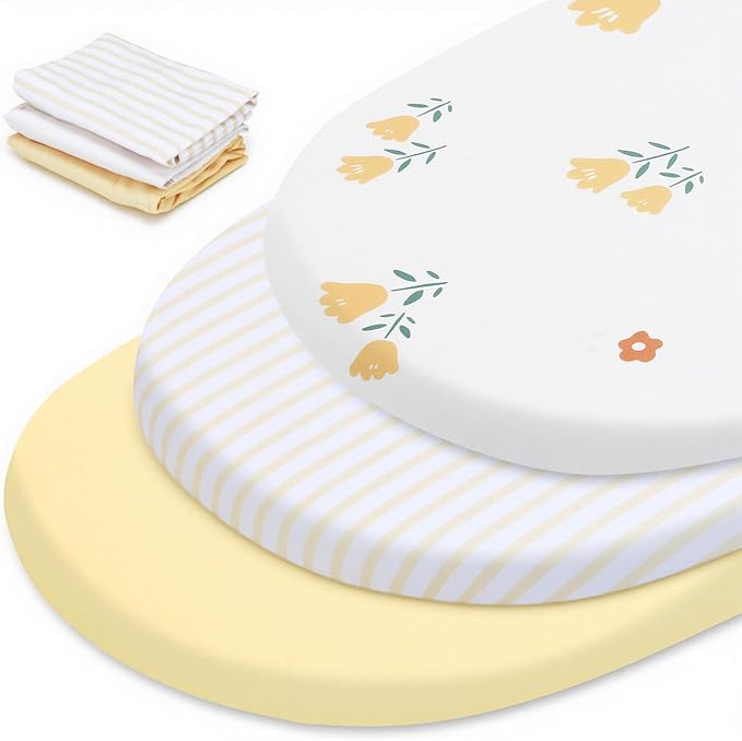 3 Pack Stretchy Bassinet Sheets - Universal Fit for Rectangle, Round, Oval, Hourglass Cradles & Moses Baskets - Soft Breathable Fitted Bassinet Sheets Set for Baby - Yellow & Flower