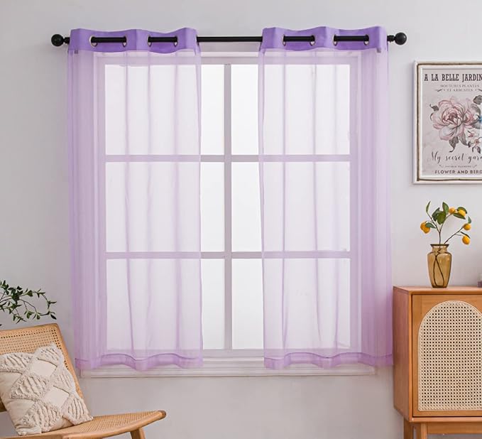 PI Short Sheer Curtains 45 inches Long with Ring Top,Elegant Voile Sheer Window Curtain for Bay Window/Kids Room 2 Panels (W52 X L45, Violet Purple)
