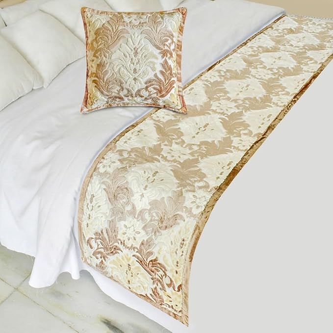The HomeCentric King/Queen/Twin Beige Decorative Full 68"x18" Bed Runner Without Pillow Cover, Damask Bed Scarf on Velvet Fabric - Emmeline