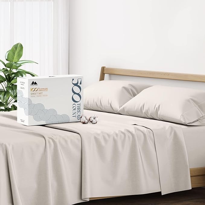 Mayfair Linen 100% Cotton Bed Sheets Queen Set - 500 Thread Count Cotton Sheets for Queen Size Bed, 4 PC Set (Taupe), Ultra Soft, Cooling, Sateen Weave 16" Deep Pocket Bedsheet for Hot Sleepers