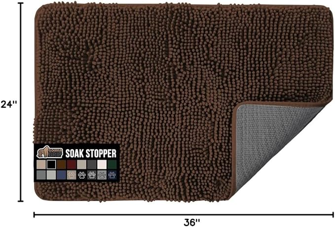 GORILLA GRIP SOAKSTOPPER Dog Door Mat, 36x24 Machine Washable Rug Absorbent Doormat Captures Moisture Mud Dirt, Quick Dry Soft Chenille Entryway Rugs Indoor Entrance Mats for Dog Paws, Brown