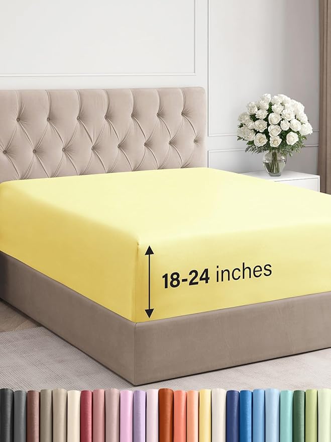 Extra Deep King Fitted Sheet - Hotel Luxury Single Fitted Sheet Only - Easily Fits 18 inch to 24 inch Mattress - Ultra Soft, Wrinkle Free w/Extra Deep Pockets - Easy-Care, Breathable & Comfy - Yellow