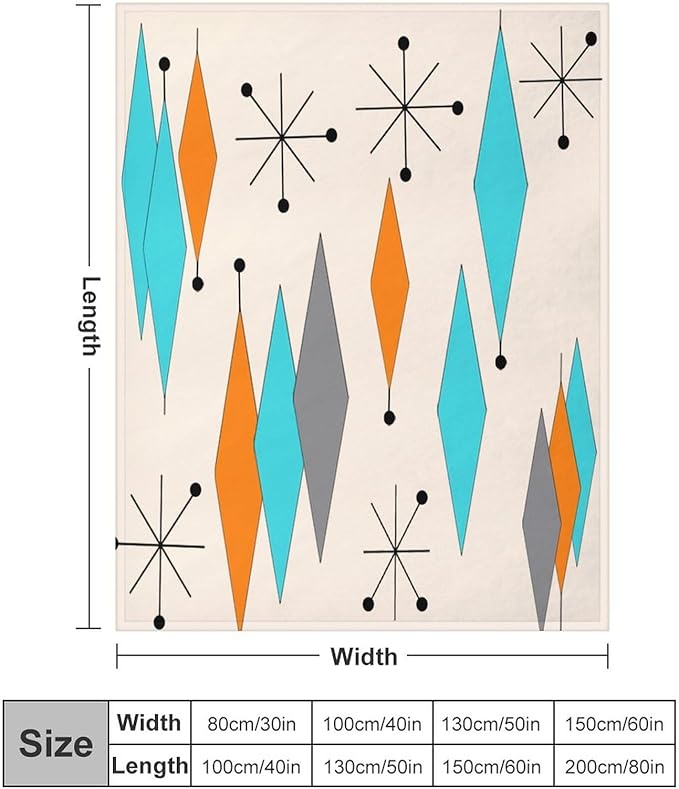 Mid Century Flannel Throw Blankets, Mid Century Modern Geometric Atomic Shapes Orange Retro Style Boho Print Blanket for Bed Couch Sofa Fuzzy Tv Throws 50"x60"