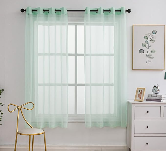 PI Green Sheer Voile Curtains Panels,Ring Top Natural Window Draperies for Outdoor/Yard 2 Panels (W52 X L72, Mint Green)