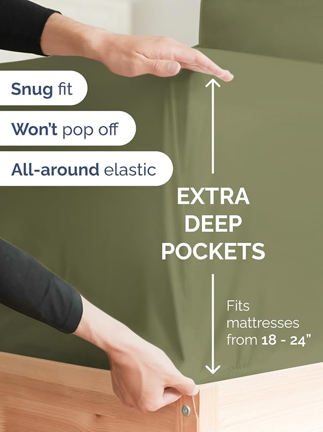 Extra Deep Cal King Fitted Sheet - Hotel Luxury Single Fitted Sheet Only - Easily Fits 18 inch to 24 inch Mattress - Ultra Soft, Wrinkle Free with Extra Deep Pockets - Breathable & Comfy - Sage Green