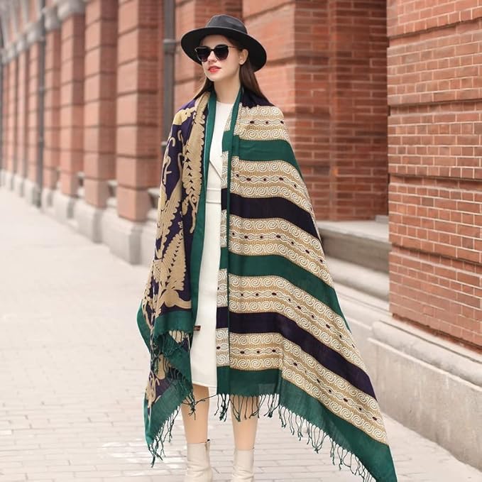 DANA XU 100% Merino Wool Pashmina Shawl for Women 96"x43", Oversized Cashmere Wrap with Tassels, Floral Travel Blanket Cape