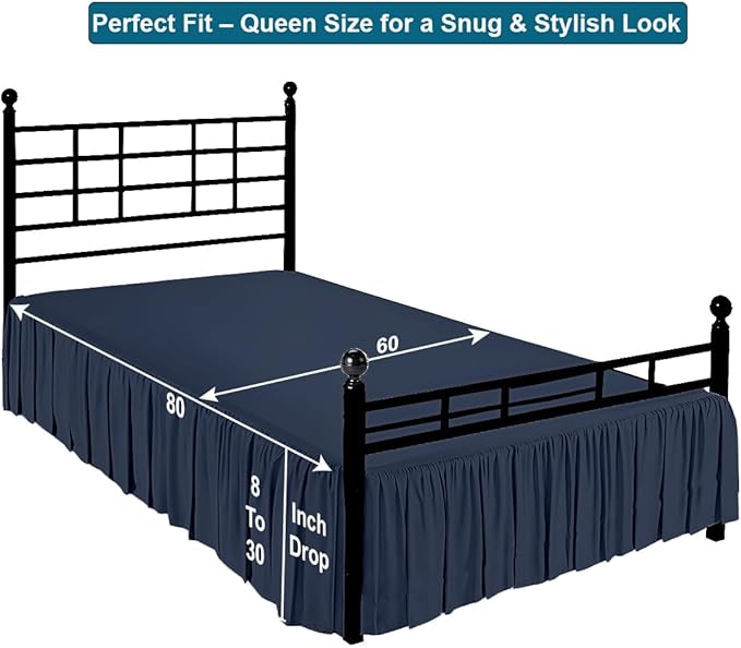 Shreem Linen Ruffled Bed Skirt with Split Corners, Gathered Style, 100% Microfiber, 30-Inch Drop, Dust Ruffle Bedskirt with Platform, Queen, Navy Blue