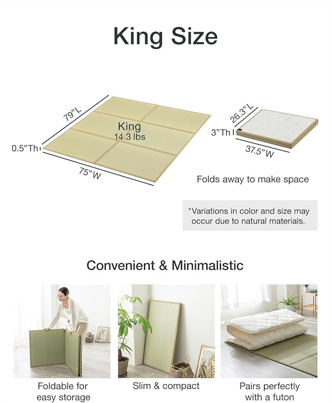 FULI Japanese Tatami Mattress, Tatami Rug, Igusa Mat (Japanese Rush Grass) Foldable, Made in Japan (Natural, King)