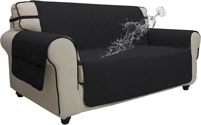 Easy-Going Waterproof Oversized Loveseat Covers Leakproof Couch Cover for 2 Cushion Couch Sofa Cover Washable Sofa Slipcover Non-Slip Furniture Protector with Pocket for Pets (Medium-XL, Black)