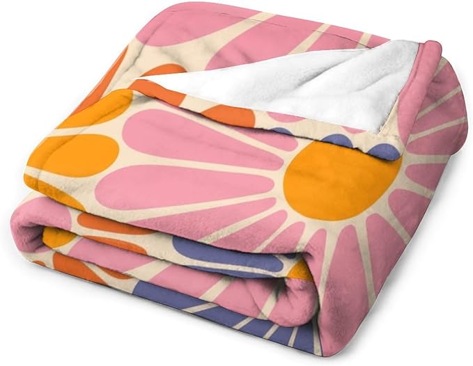 1970s Hippie Floral Throw Blanket, Retro Orange Pink Blue Flower Boho Groovy Daisy Flowers Comfortable Blanket for Couch Sofa Couch Chair 40"x50"