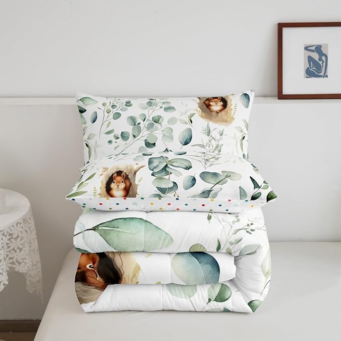 Erosebridal Kawaii Squirrel Queen Bedding Sets for Boys Girls Cartoon Animal Comforter Set, Eucalyptus Leaves Down Comforter Jungle Wildlife Bedding Comforter Sets, Tropical Plants Duvet Insert