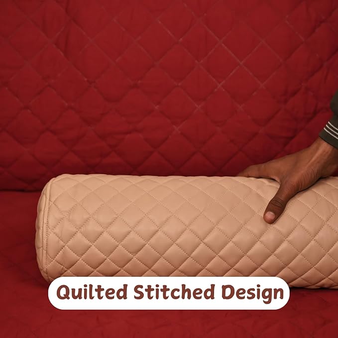 Neck Roll Pillow Cushion Cover, 24x5 Inch Full Moon Round Bolster Pillow Case, Cylinder Soft Lambskin Leather Pillowcase for Head, Spine & Neck Support During Sleep - Quilted Beige Pack of 2