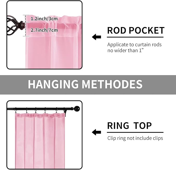 Sheer Curtains 45 Inches Long 2 Panels, Rod Pocket Short Curtain for Kitchen, Bedroom, Cafe Window(Pink 38" W x 45" L)