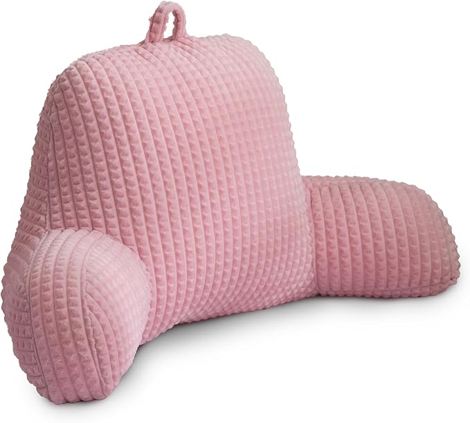 Holawakaka Reading Pillow for Bed and Sofa Couch Sitting Up, Backrest Pillows with Arms for Kids Teens Adults, Back Support Cushion for Lounging, Watching TV, Working on Laptop, Pink