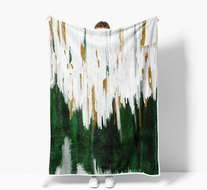 Abstract Ombre Throw Blankets, Modren Chic Art Oil Painting Cozy Warm Bed Couch Blanket, Dark Green Gold White Fleece Flannel Throws to Decorate The Room and Bedroom