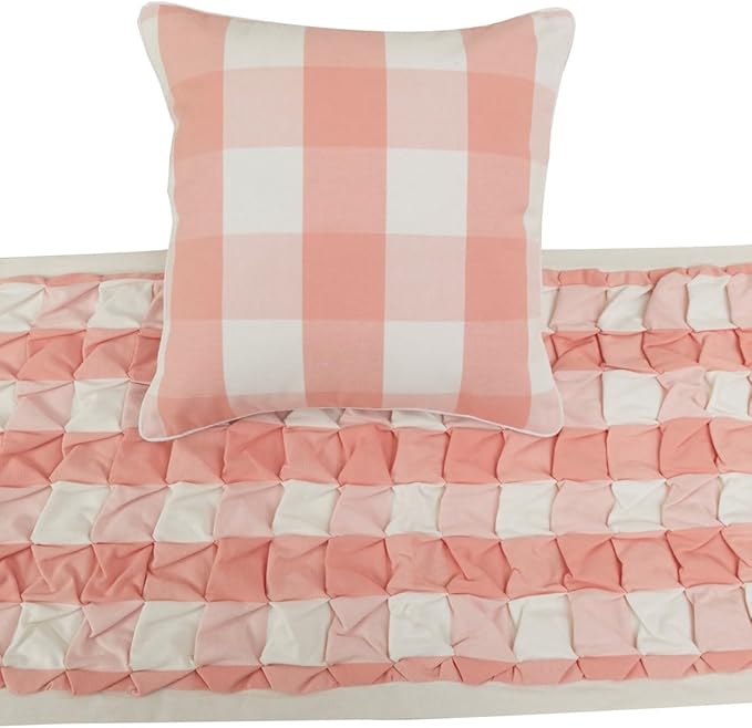 The HomeCentric King/Queen/Twin Peach Pink Decorative Queen 74"x18" Bed Runner with Pillow Cover, Textured & Buffalo Checks Bed Scarf on Cotton Fabric - Buffalo Plaid Peach