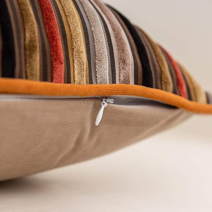 Yangest Orange Striped Throw Pillow Cover Multicolor Velvet Cushion Cover Modern Bohemian Pillowcase for Sofa Couch Bedroom Living Room Home Christmas Decoration,16x16 Inch
