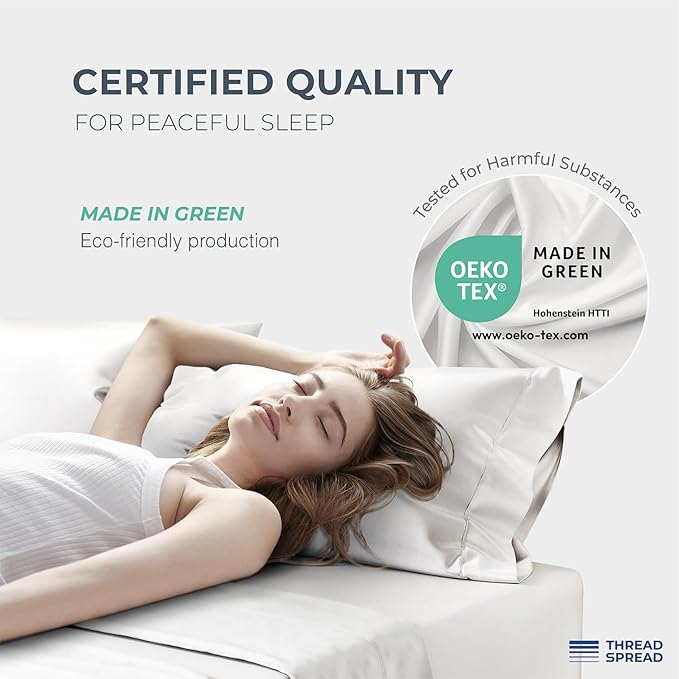 THREAD SPREAD 100% Egyptian Cotton Sheets Queen Size - 1500 Thread Count 4 PC Damask Sheet Set Egyptian Cotton, Sateen Luxury Sheet Queen Size, Soft Sateen Sheets, 17" Deep Pocket - White Stripe