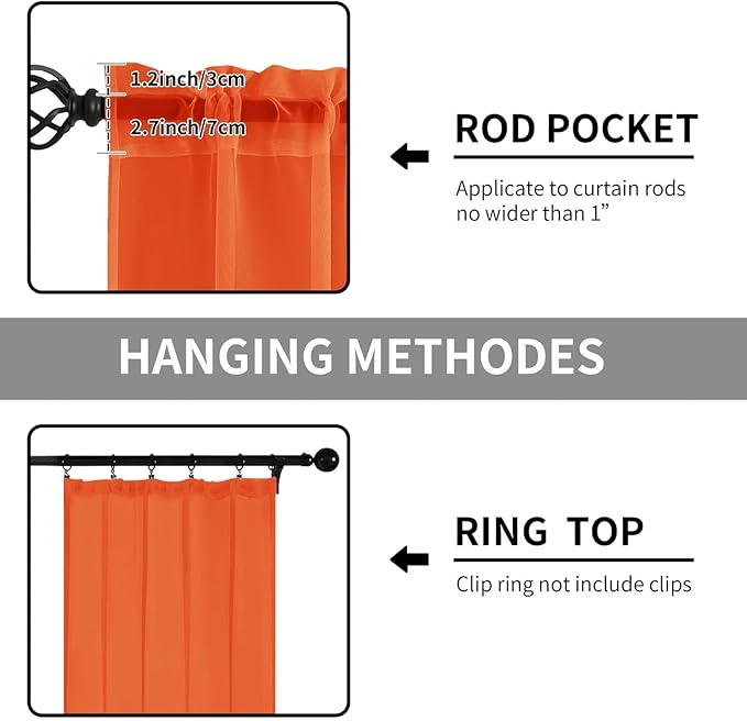 Sheer Curtains 63 Inches Long 2 Panels, Rod Pocket Short Curtain for Kitchen, Bedroom, Cafe Window(Burnt Orange 38" W x 63" L)