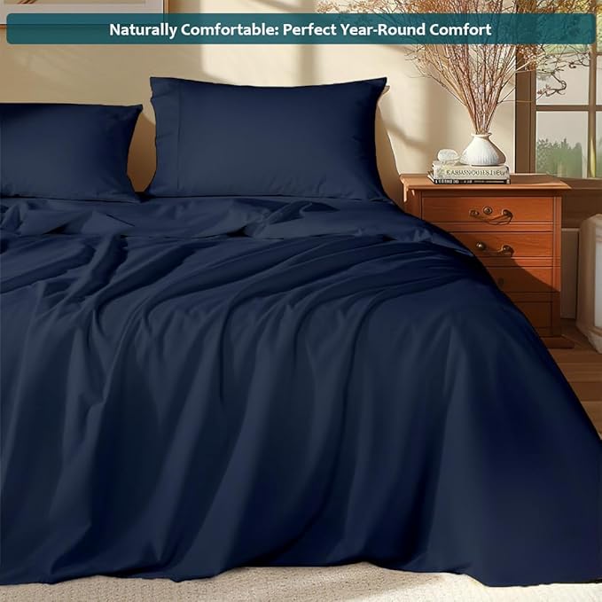 Queen Sheet Set - Luxury 338 Thread Count Sateen, 100% Egyptian Cotton Deep Pocket Queen Sheets with All Around Elastic for a, Hotel Quality Bedding Set (Navy Blue Solid)