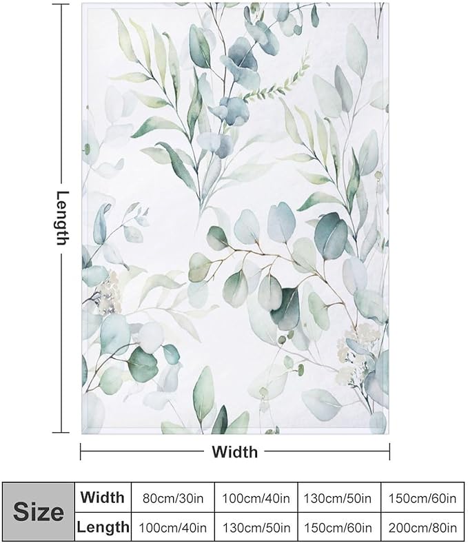 Eucalyptus Leaf Throw Blanket, Watercolor Floral Spring Botanical Green Plants Herb Print Cozy Plush Blanket for Bedroom Living Rooms Sofa Couch, 30"x40"