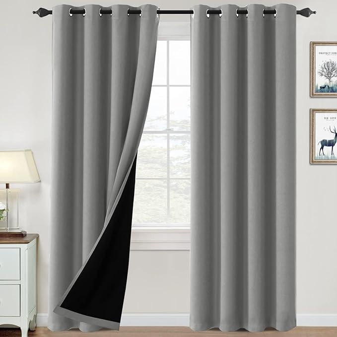 H.VERSAILTEX 100% Blackout Curtains for Bedroom Thermal Insulated Blackout Curtains 108 inch Length Full Light Blocking Curtains for Living Room with Black Liner 2 Panels Set, Dove Gray