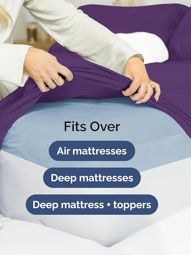 Extra Deep Pocket Cal King Sheets - 4 Piece Breathable & Cooling Bed Sheets - Hotel Luxury Bed Sheet Set - Soft, Wrinkle Free & Comfy - Easily Fits Extra Deep Mattresses - Deep Pocket Purple Sheets