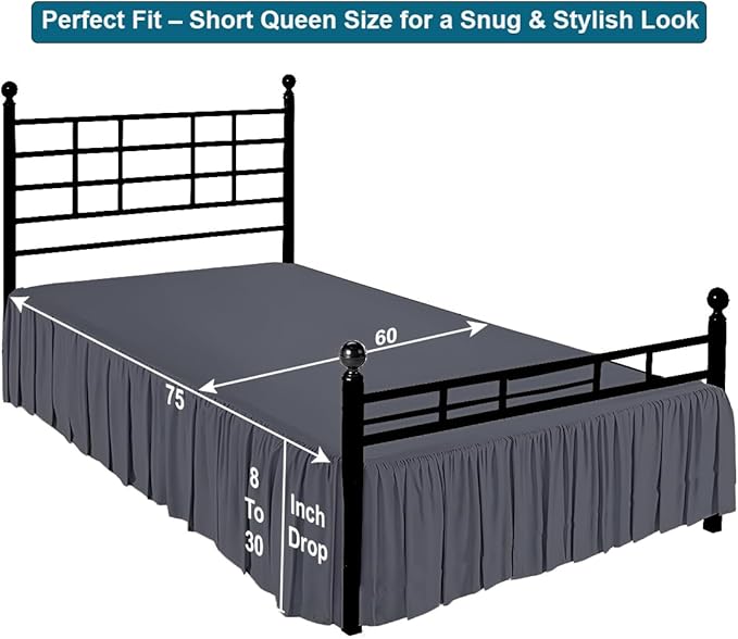 Shreem Linen Ruffled Bed Skirt with Split Corners, Gathered Style, 100% Microfiber, 12-Inch Drop, Dust Ruffle Bedskirt with Platform, Short Queen, Dark Grey