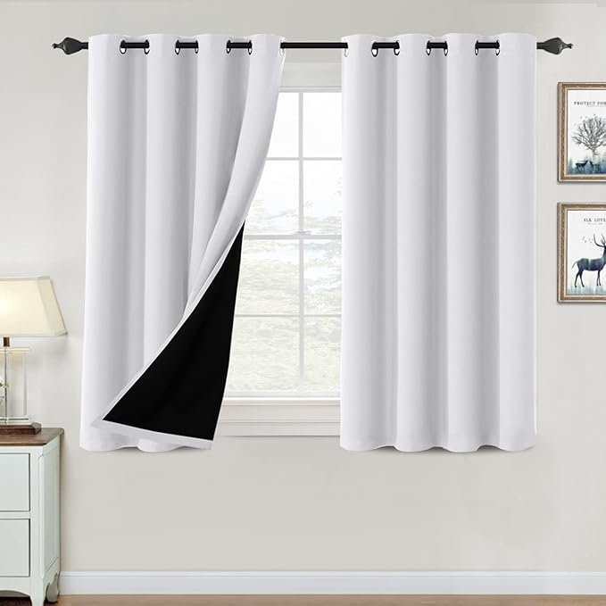 H.VERSAILTEX 100% Blackout Curtains for Bedroom Thermal Insulated Blackout Curtains 45 inch Length Full Light Blocking Curtains for Living Room with Black Liner 2 Panels, Pure White