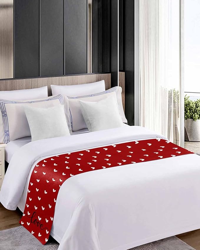 Valentine's Day White Love Hearts Bed Runners for Bedroom Hotel,Decorative Bedding Scarf Sweetheart and Quote on Red Bed End Blanket Bedding Runner Scarves for Full Size Bed,83x20in