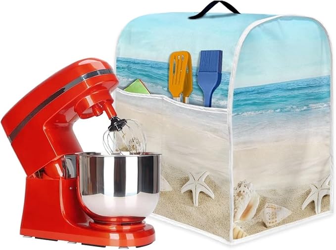 Fashion Mixer Covers Beach Print Indoor Kitchen Decorations, Polyester Dustproof Cover with Pockets for Stand Mixer, Compatible with Stand Mixer, L(6-8 qt)