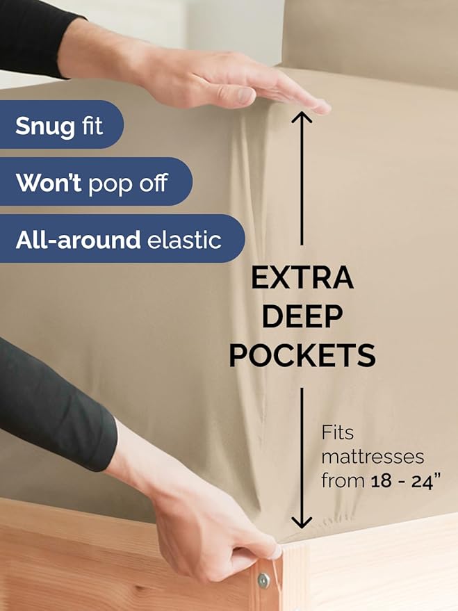 Extra Deep Full Fitted Sheet - Hotel Luxury Single Fitted Sheet Only - Easily Fits 18 inch to 24 inch Mattress - Ultra Soft, Wrinkle Free w/Extra Deep Pockets - Easy-Care, Breathable & Comfy - Cream