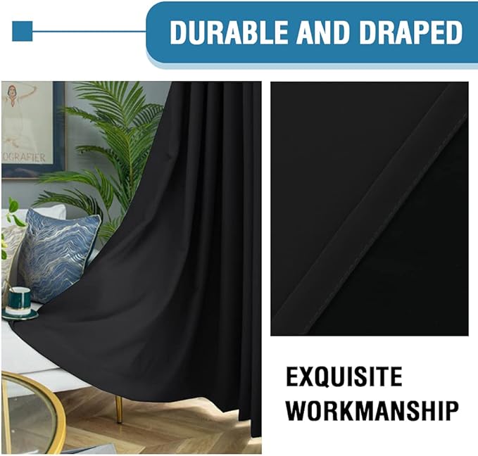 H.VERSAILTEX 100% Blackout Curtains for Bedroom Thermal Insulated Blackout Curtains 63 inch Length Heat and Full Light Blocking Curtains for Living Room with Black Liner 2 Panels Set, Jet Black