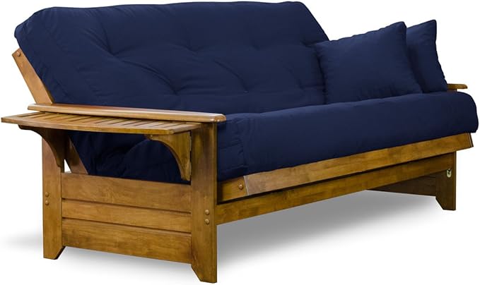 Nirvana Futons Brentwood Tray Arm Futon Sofabed Set - Queen Frame, 8" Navy Blue Mattress, Rich Heritage Finish