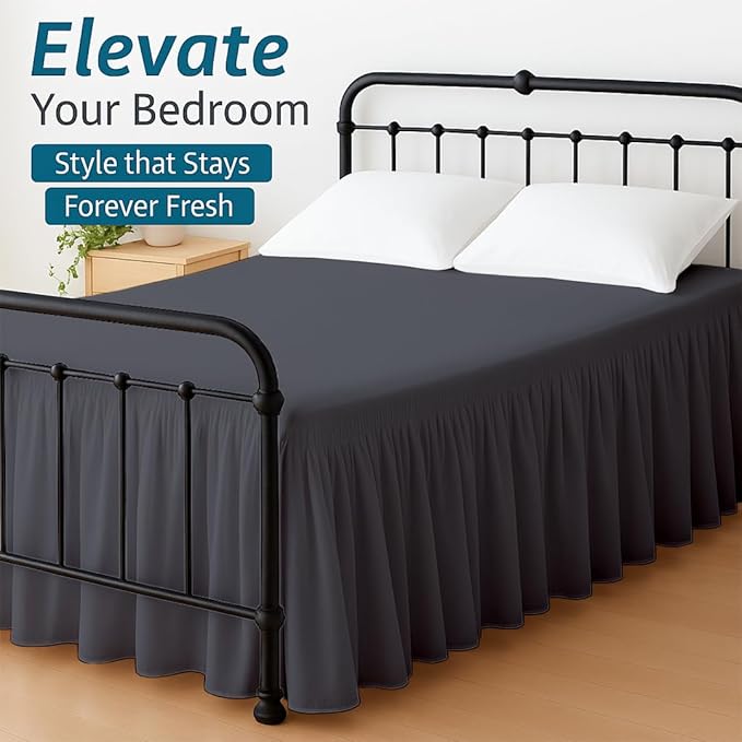 Shreem Linen Ruffled Bed Skirt with Split Corners, Gathered Style, 100% Microfiber, 8-Inch Drop, Dust Ruffle Bedskirt with Platform, Twin-XXL, Dark Grey