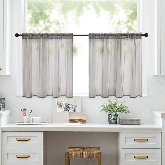 MIULEE 2 Panels Kitchen Tiers Half Window Sheer Curtains Rod Pocket Voile Drapes for Kitchen Bathroom Small Windows 29 by 36 Inch Grey