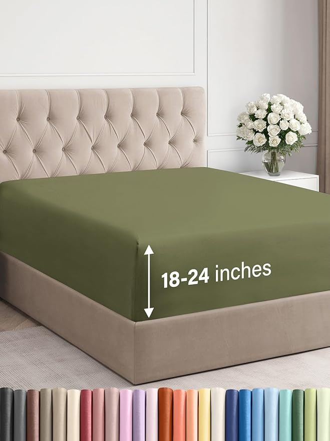 Extra Deep Full Fitted Sheet - Hotel Luxury Single Fitted Sheet Only - Easily Fits 18 inch to 24 inch Mattress - Ultra Soft, Wrinkle & Fade Free w/Extra Deep Pockets - Breathable & Comfy - Sage Green