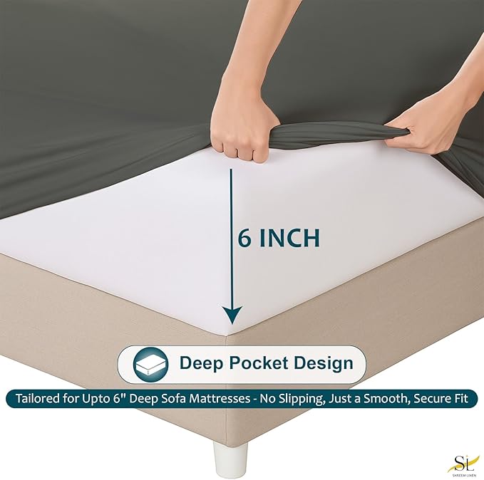 Queen Sheet Set, Luxury 338 Thread Count Sateen, 100% Egyptian Cotton Deep Pocket Queen Sheets with All Around Elastic, Bedding Set (Dark Grey Solid)