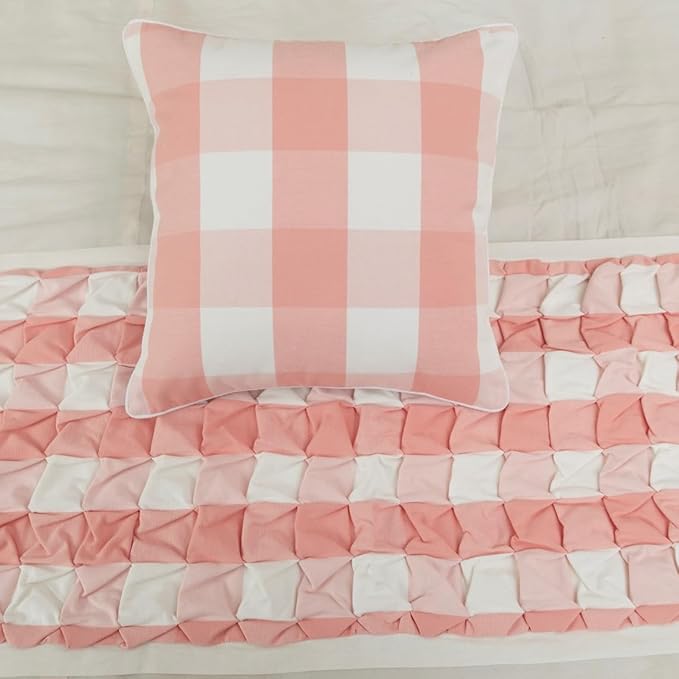 The HomeCentric King/Queen/Twin Peach Pink Decorative Queen 74"x18" Bed Runner with Pillow Cover, Textured & Buffalo Checks Bed Scarf on Cotton Fabric - Buffalo Plaid Peach