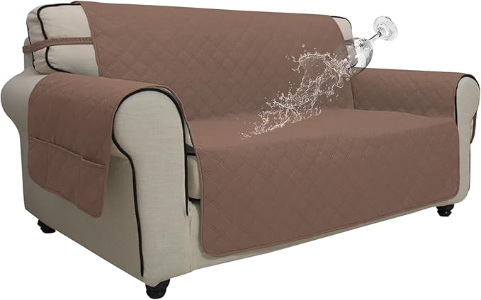 Easy-Going Waterproof Oversized Loveseat Covers Leakproof Couch Cover for 2 Cushion Couch Sofa Cover Washable Sofa Slipcover Non-Slip Furniture Protector with Pocket for Pets (Medium-XL, Brown)