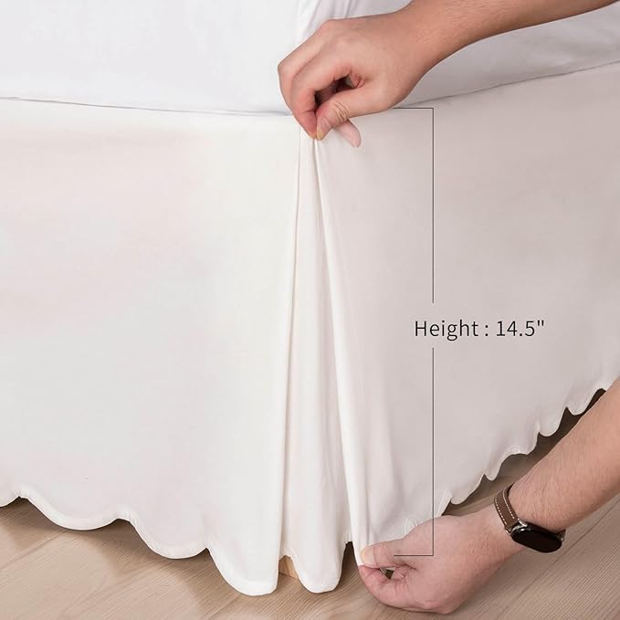 HIG Off-White Chic King Bed Skirt - Easy Fit Scallop Edge Pleated Bedskirts, 14 Inch Drop Anti-Slip Dust Ruffle, Thick Fabric for Enhanced Privacy, Pre-Washed for Long-Lasting Use(N60022)