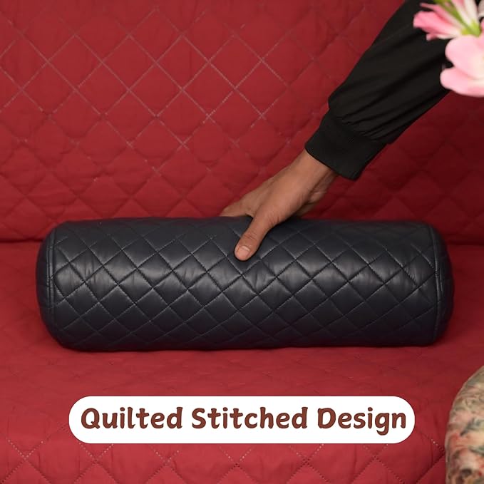Neck Roll Pillow Cushion Cover, 18x6 Inch Full Moon Round Bolster Pillow Case, Cylinder Soft Lambskin Leather Pillowcase for Head, Spine & Neck Support During Sleep - Quilted Gun Metal Blue Pack of 2