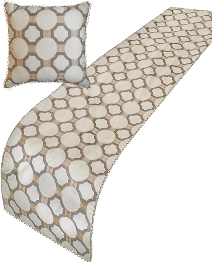 The HomeCentric King/Queen/Twin White, Beige & Grey Decorative King 90"x18" Bed Runner with Two Pillow Cover, Embroidered, Bouclet & Lace Bed Scarf on Cotton Fabric - Threaded Geometry