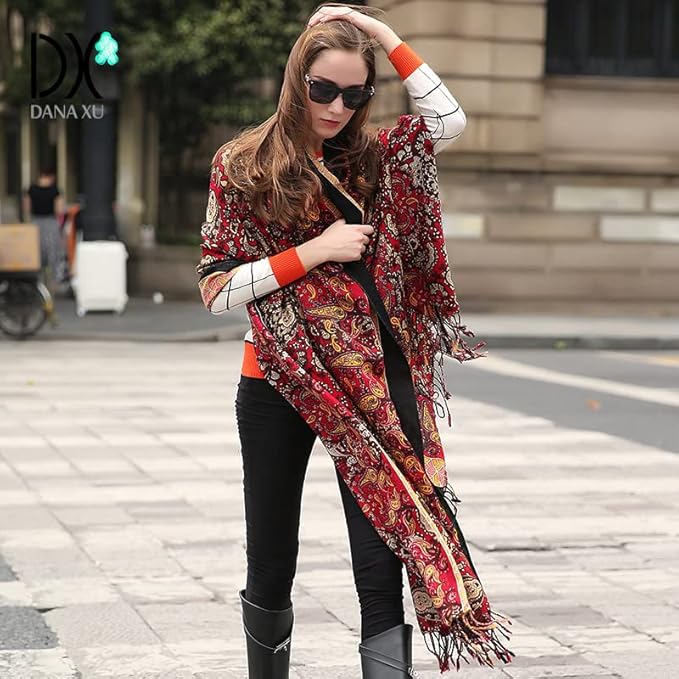 DANA XU 100% Merino Wool Pashmina Shawl for Women 96"x43", Oversized Cashmere Wrap with Tassels, Floral Travel Blanket Cape