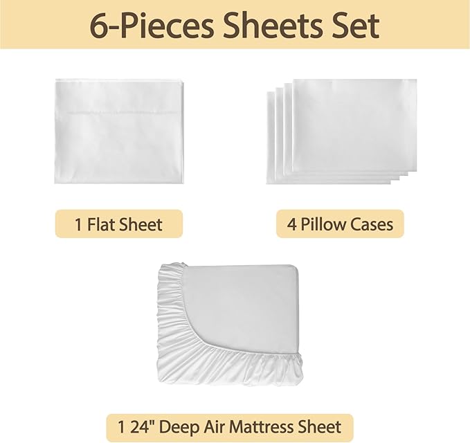 Air Mattress Sheet Set Queen Size,6 Piece Deep Pocket Bed Sheet Set for 16-24 Inch Air Bed,Easy Inflate Access,Perfect for Guest Room, RV, Camping,White