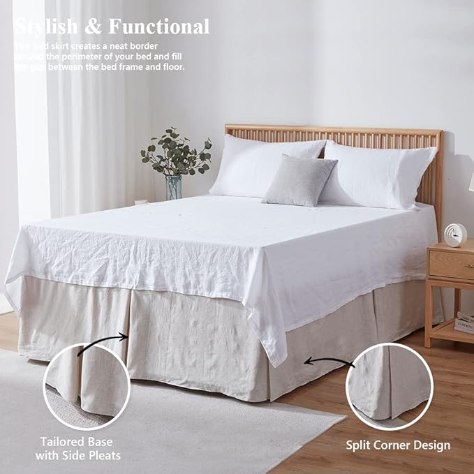 Simple&Opulence Belgian Linen Bed Skirt with Classic 14 inch Tailored Drop Dust Ruffle, Easy Fit Breathable Premium Natural Flax- Basic Linen, California King