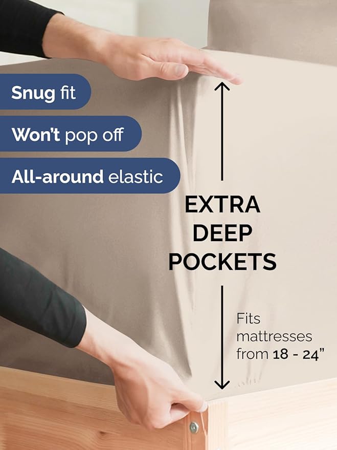 Extra Deep Queen Fitted Sheet - Hotel Luxury Single Fitted Sheet Only - Easily Fits 18 inch to 24 inch Mattress - Ultra Soft, Wrinkle Free w/Extra Deep Pockets - Easy-Care, Breathable & Comfy - Wheat